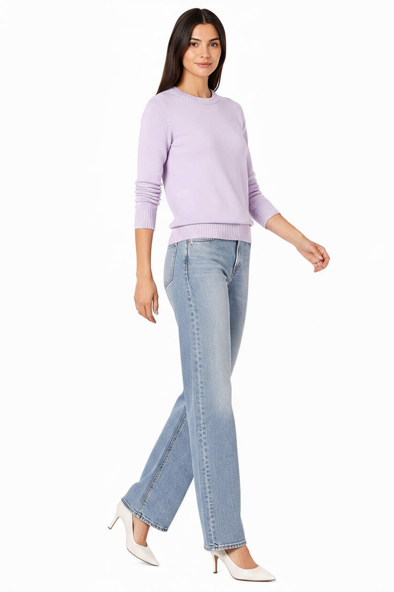 Women's 100% Cotton Crew Neck Jumper Lightweight Long Sleeve Knitted Sweater - Pastel Lilac