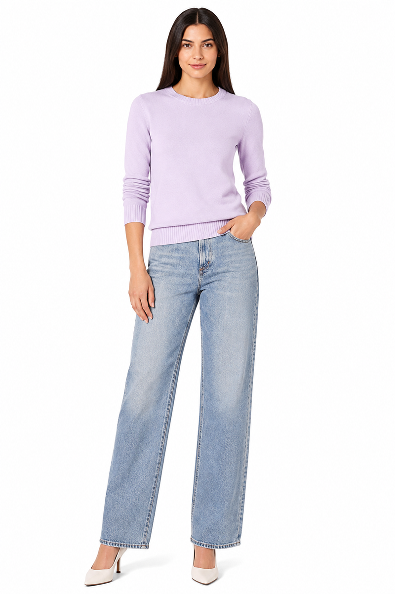 Women's 100% Cotton Crew Neck Jumper Lightweight Long Sleeve Knitted Sweater - Pastel Lilac