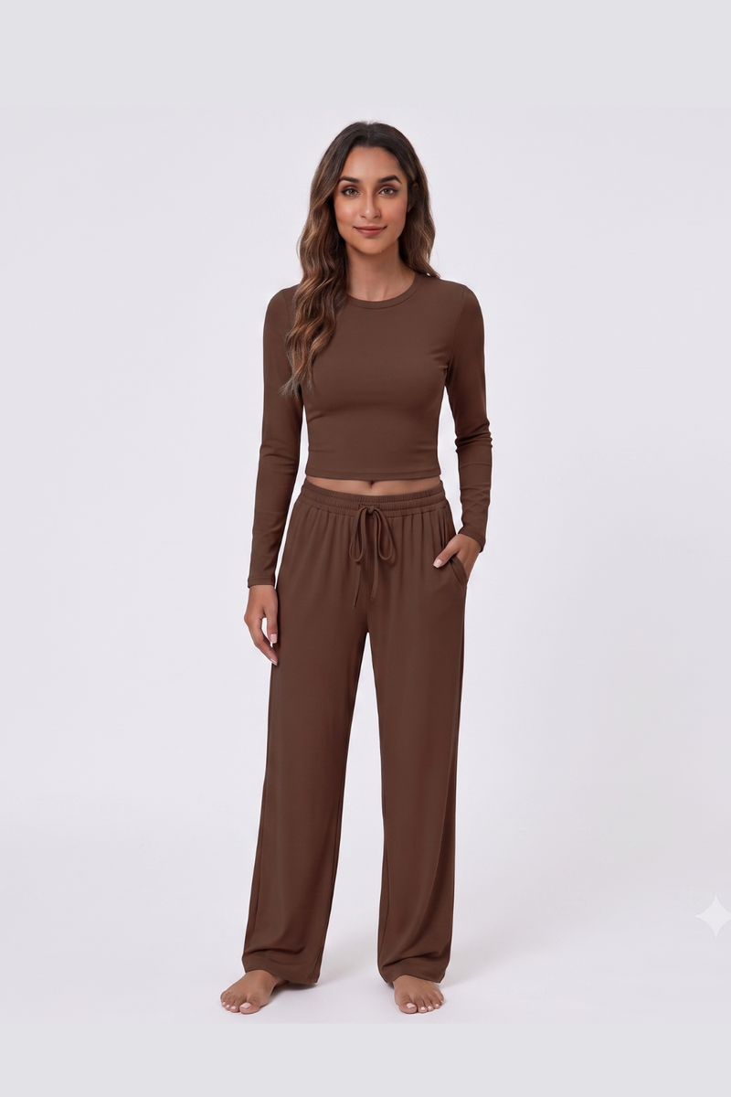 Women's 2 Piece Lounge Set Long Sleeve Top Wide Leg Drawstring Trousers Tracksuit with Pockets- Coffee