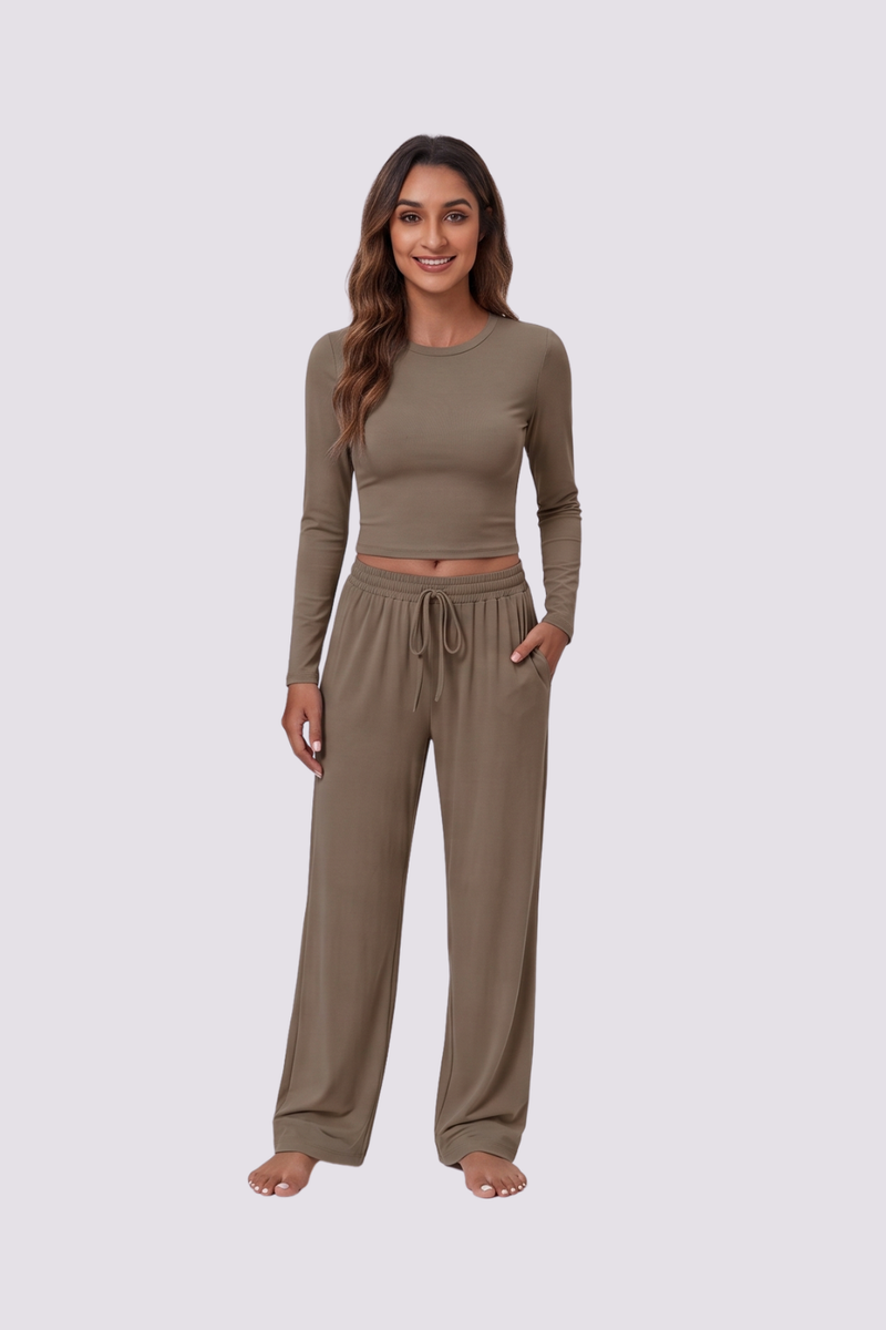 Women's 2 Piece Lounge Set Long Sleeve Top Wide Leg Drawstring Trousers Tracksuit with Pockets-Mocha