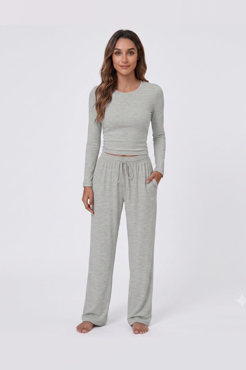 Women's 2 Piece Lounge Set Long Sleeve Top Wide Leg Drawstring Trousers Tracksuit with Pockets-Oatmeal Grey