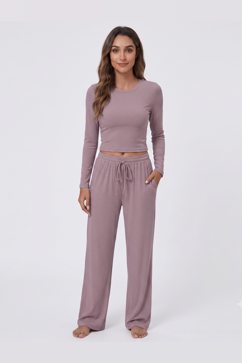 Women's 2 Piece Lounge Set Long Sleeve Top Wide Leg Drawstring Trousers Tracksuit with Pockets-Rose Taupe