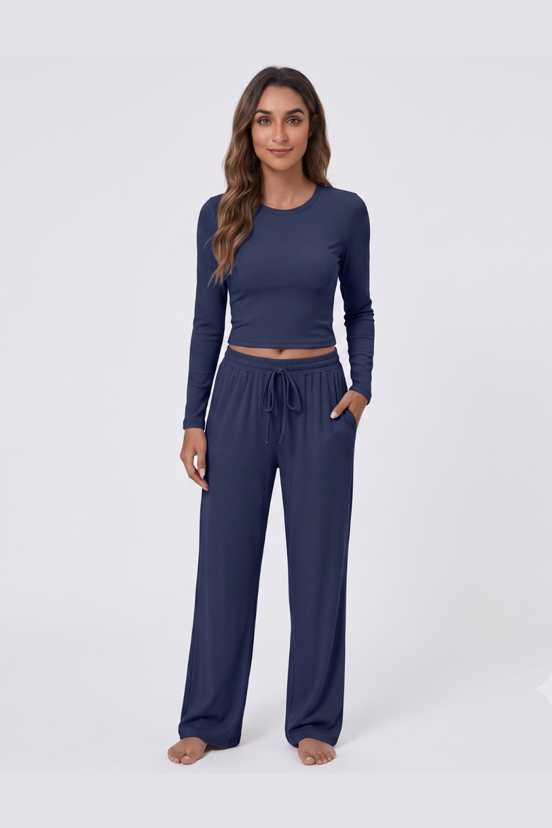 Women's 2 Piece Lounge Set Long Sleeve Top Wide Leg Drawstring Trousers Tracksuit with Pockets-Navy
