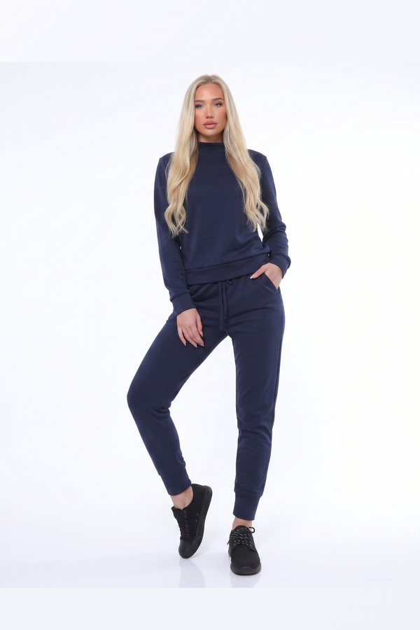 Women's 2 Piece Loungewear Co Ord Set Long Sleeve Sweatshirt Drawstring Jogger Pants Tracksuit Plus Size - Navy