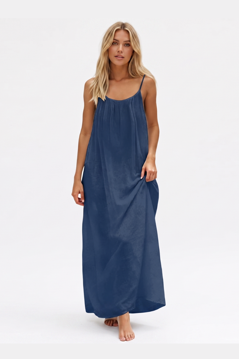 Women's Summer Backless Cami Maxi Dress Sleeveless Flowy Beach Sundress with Adjustable Spaghetti Straps - Navy Blue