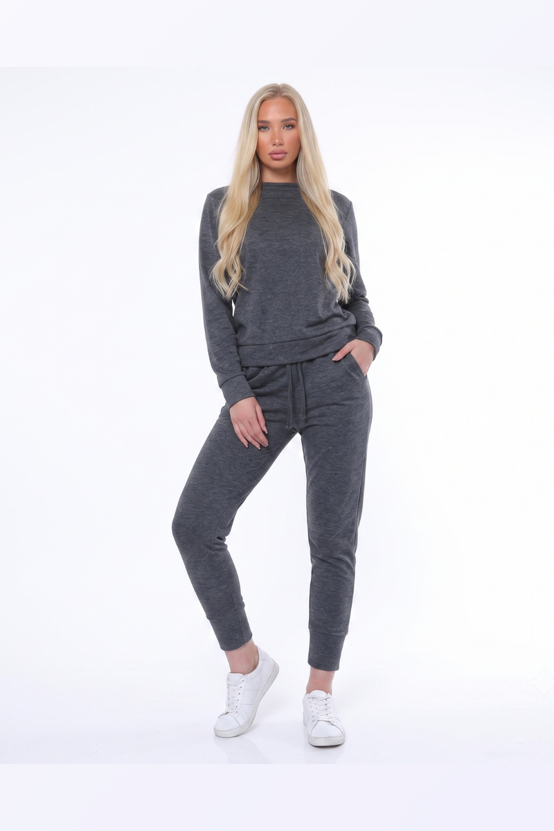 Women's 2 Piece Loungewear Co Ord Set Long Sleeve Sweatshirt Drawstring Jogger Pants Tracksuit Plus Size - Charcoal