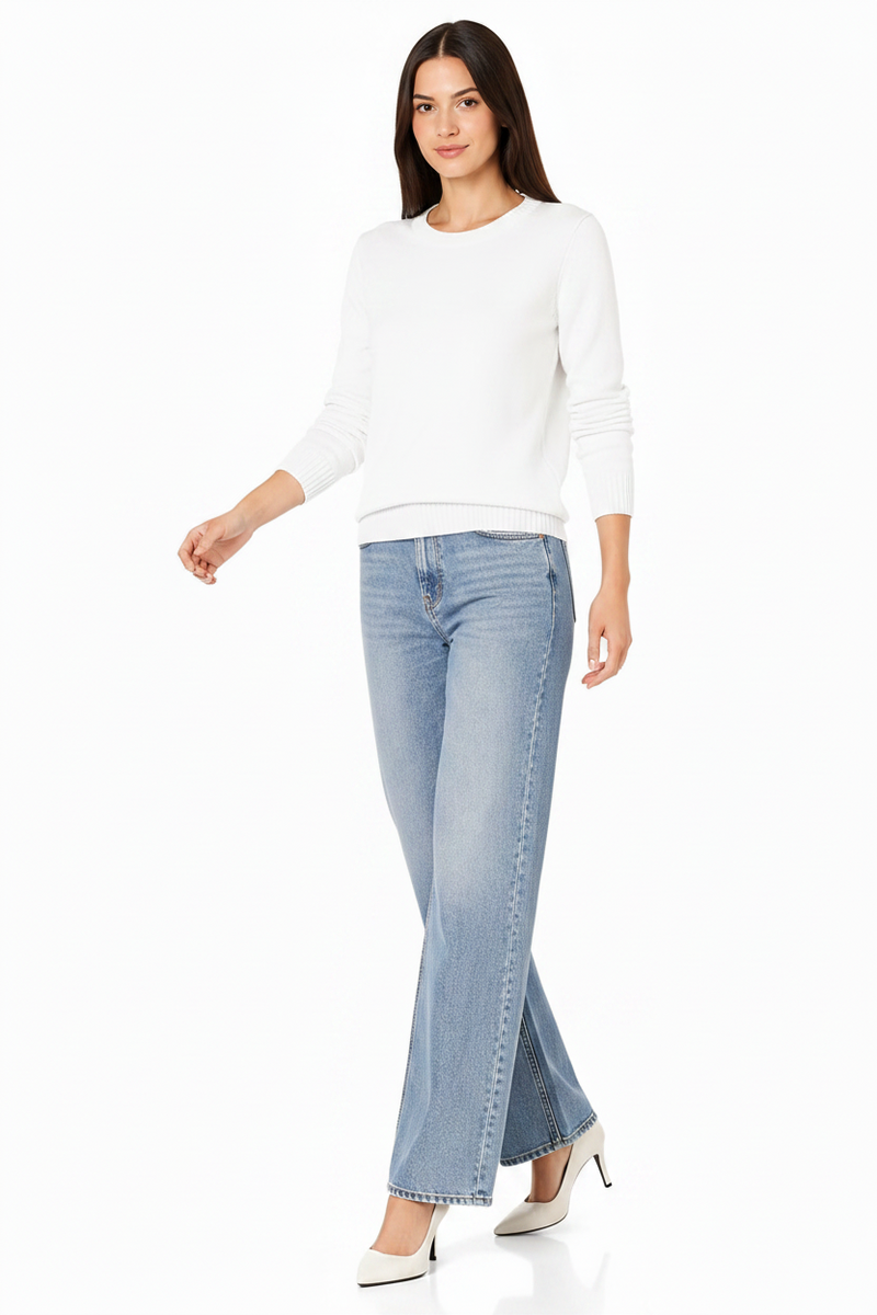 Women's 100% Cotton Crew Neck Jumper Lightweight Long Sleeve Knitted Sweater - White