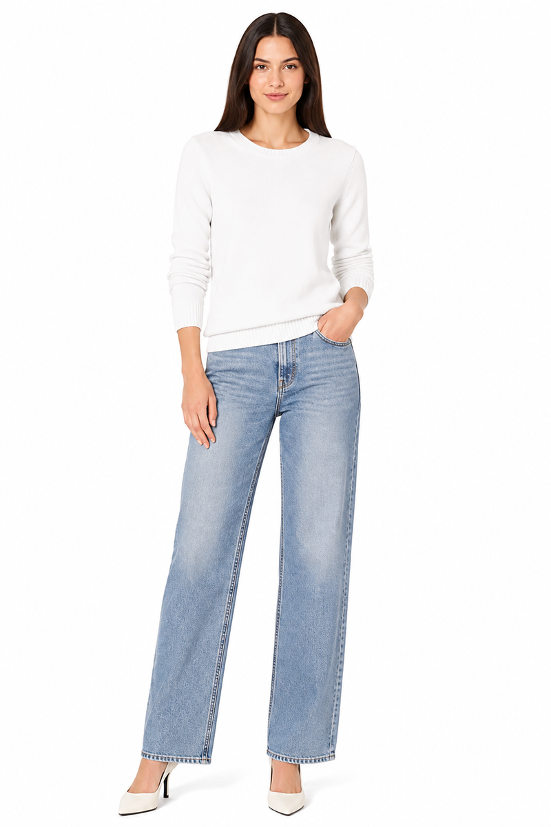 Women's 100% Cotton Crew Neck Jumper Lightweight Long Sleeve Knitted Sweater - White