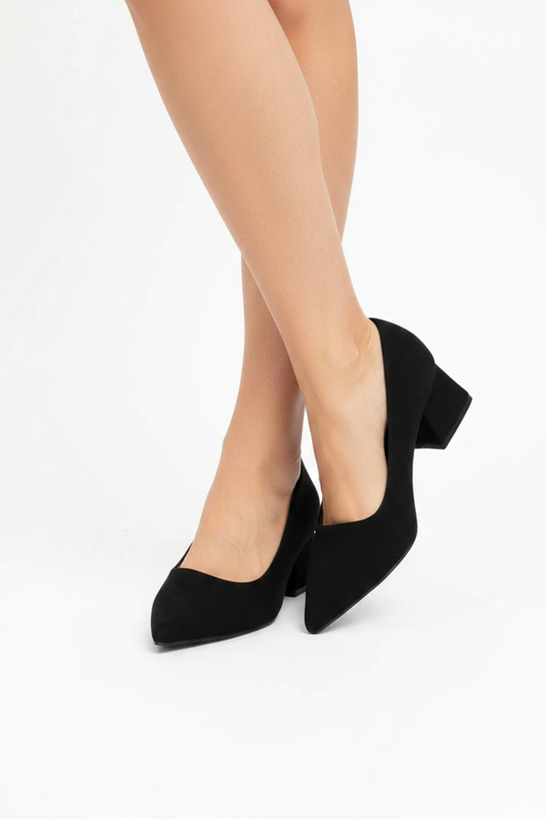 Women's Black Chunky Block Heel Court Shoes Pointed Toe Slip On Latex Insole — G-225-3