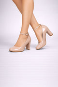 Women's Nude Patent Ankle Strap Block Heel Court Shoes Closed Toe 1829