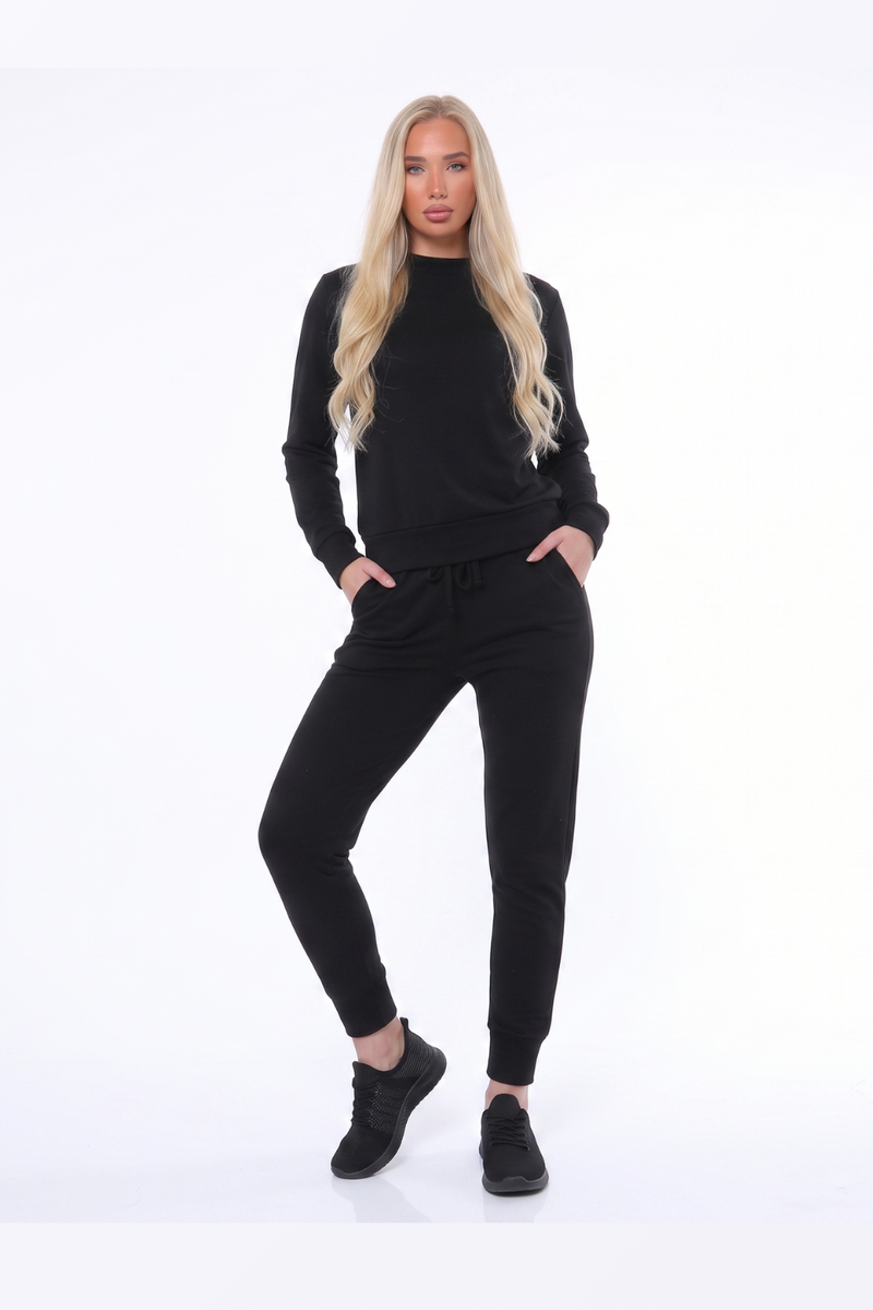 Women's 2 Piece Loungewear Co Ord Set Long Sleeve Sweatshirt Drawstring Jogger Pants Tracksuit Plus Size - Black