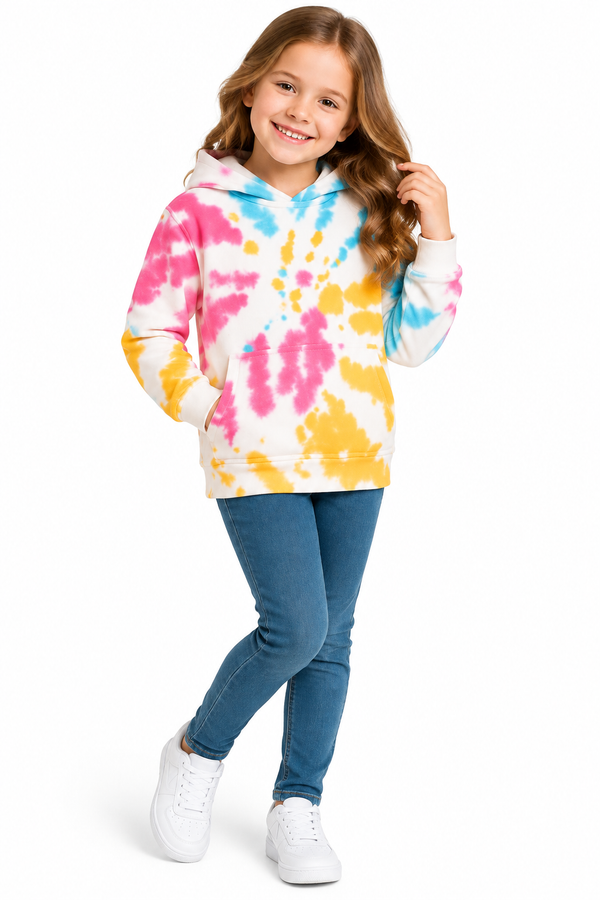 Girls Tie Dye Multi Hoodie Sweatshirt – Kids Fleece Pullover Jumper Long Sleeve Casual Top