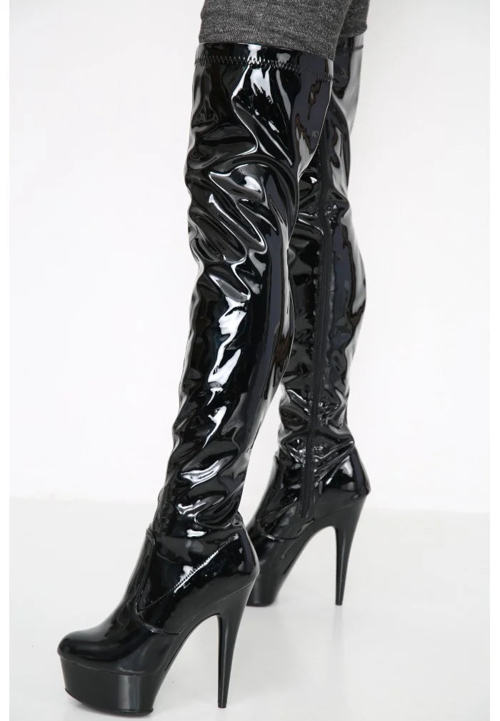 Women's Black Thigh High Over The Knee Platform Stiletto Boots Faux Leather Zip G-777