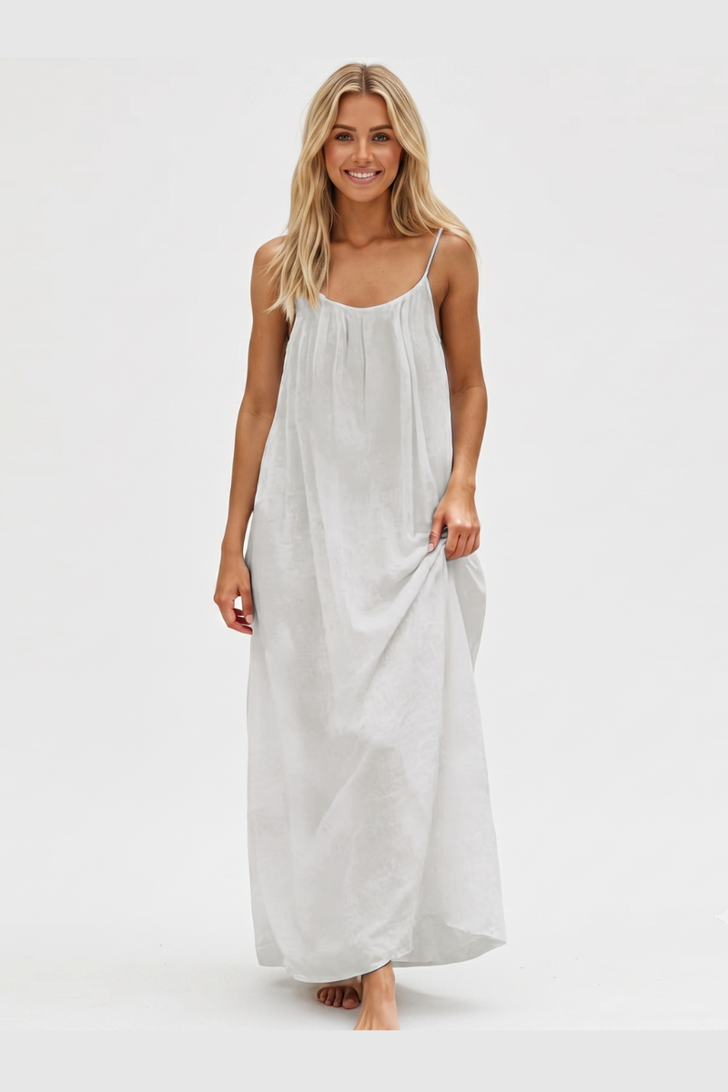 Women's Summer Backless Cami Maxi Dress Sleeveless Flowy Beach Sundress with Adjustable Spaghetti Straps - White