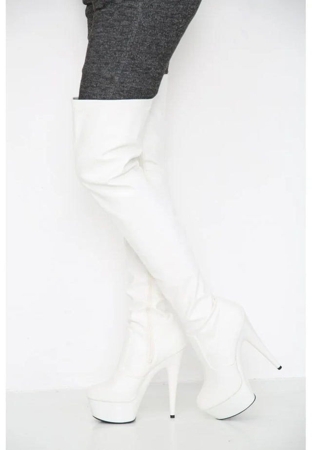 Women's White Thigh High Over The Knee Platform Stiletto Boots Synthetic Leather Zip G-777