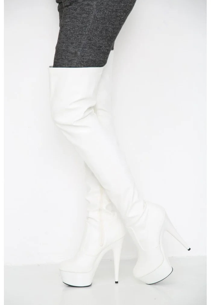 Women's White Thigh High Over The Knee Platform Stiletto Boots Synthetic Leather Zip G-777