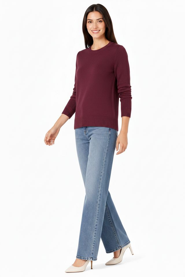Women's 100% Cotton Crew Neck Jumper Lightweight Long Sleeve Knitted Sweater - Burgundy