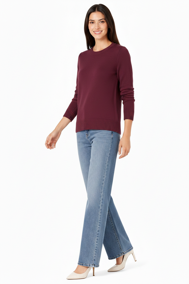 Women's 100% Cotton Crew Neck Jumper Lightweight Long Sleeve Knitted Sweater - Burgundy