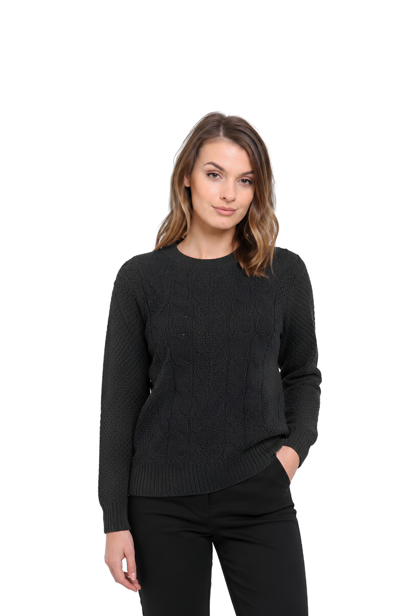 Ladies Cable Knit Crew Round Neck Long Sleeve Knitted Jumper Sweater - Black