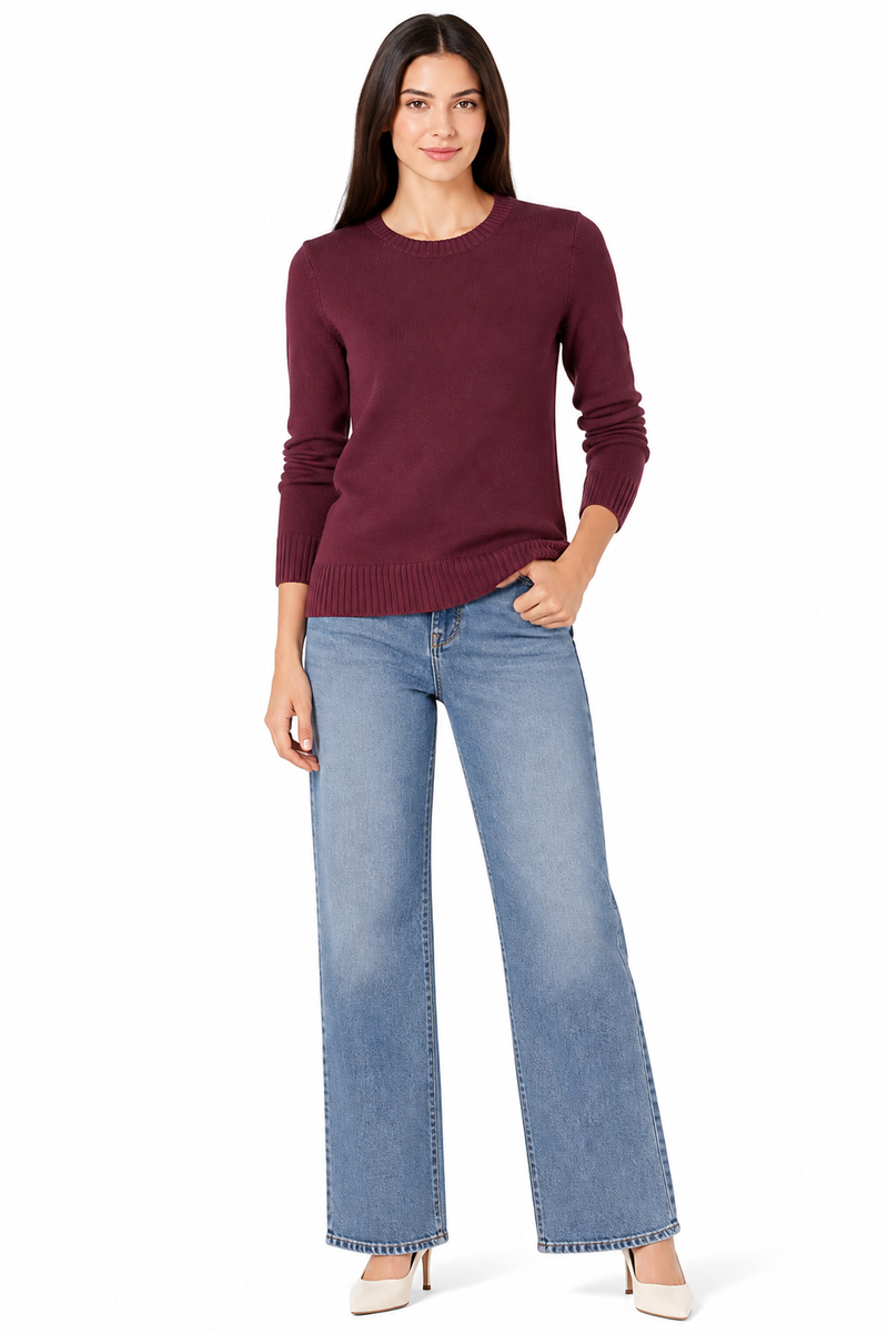 Women's 100% Cotton Crew Neck Jumper Lightweight Long Sleeve Knitted Sweater - Burgundy