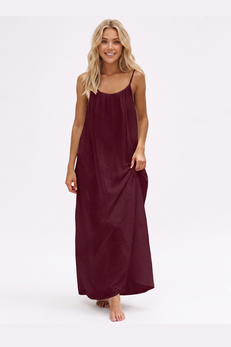Women's Summer Backless Cami Maxi Dress Sleeveless Flowy Beach Sundress with Adjustable Spaghetti Straps - Wine Red