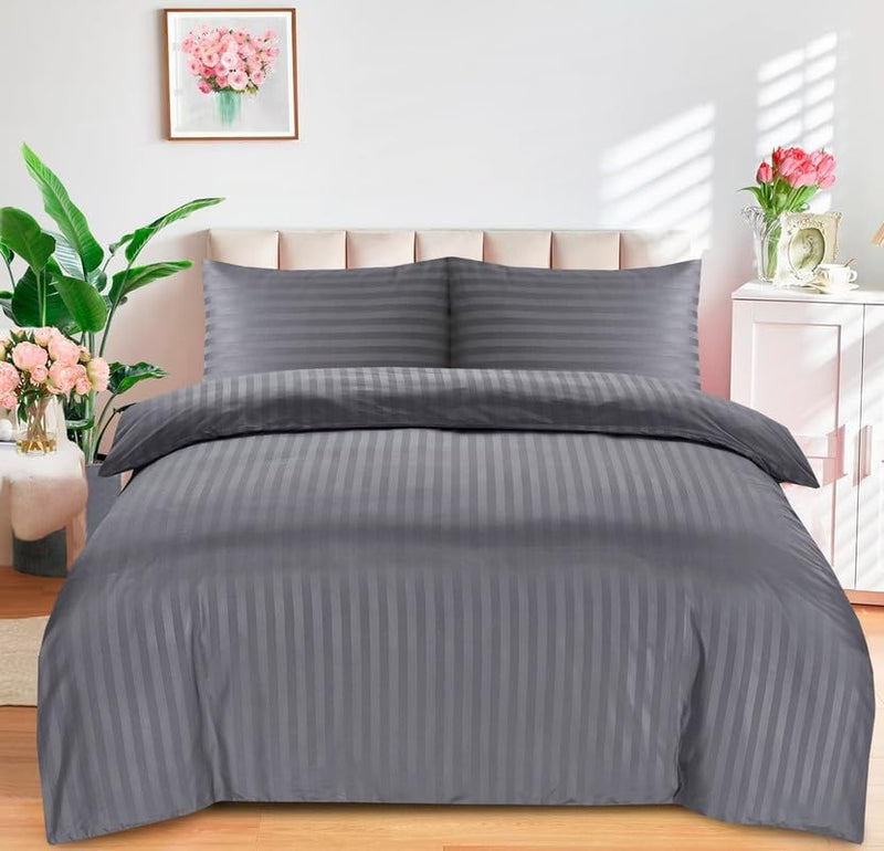 Bedding Set Brushed Microfiber Satin Stripes Easy Care Duvet Cover with Pillowcases - Grey