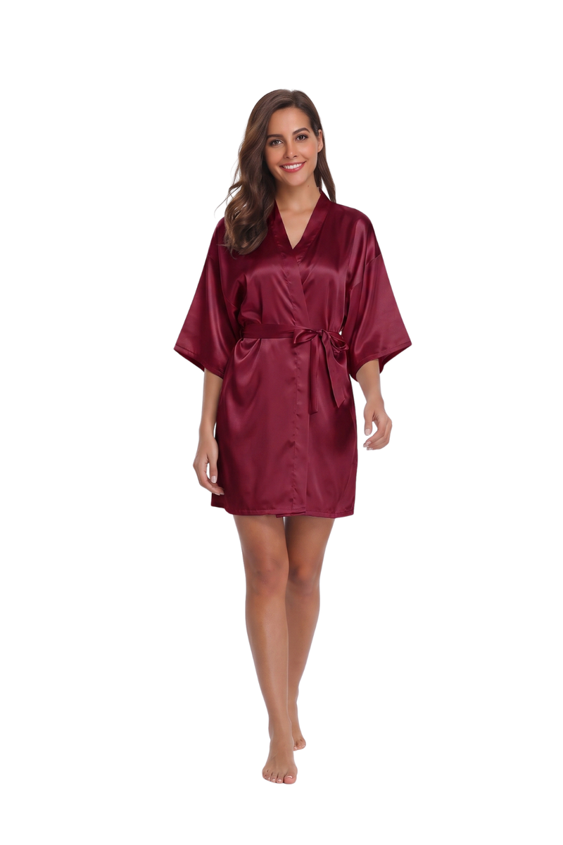 Women's Satin Kimono Robe Short Bridal Dressing Gown Silk Touch Bathrobe Nightwear-Purplish Red
