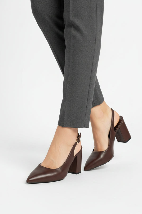 Women's Brown Chunky Block Heel Slingback Court Shoes Pointed Toe Ankle Strap — G-285-4
