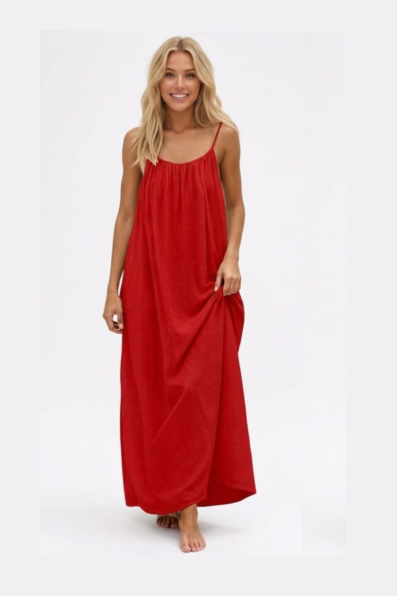 Women's Summer Backless Cami Maxi Dress Sleeveless Flowy Beach Sundress with Adjustable Spaghetti Straps - Red