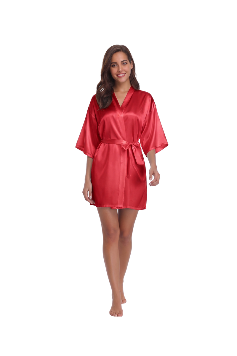 Women's Satin Kimono Robe Short Bridal Dressing Gown Silk Touch Bathrobe Nightwear-Wine Red