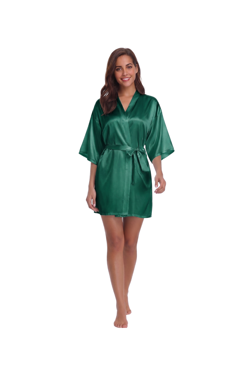 Women's Satin Kimono Robe Short Bridal Dressing Gown Silk Touch Bathrobe Nightwear-Green