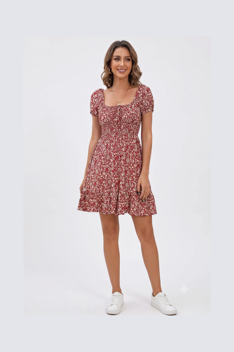 Women's Summer Floral Mini Dress Sweetheart Neck Puff Sleeve High Waist Boho Beach Dress - Burgundy