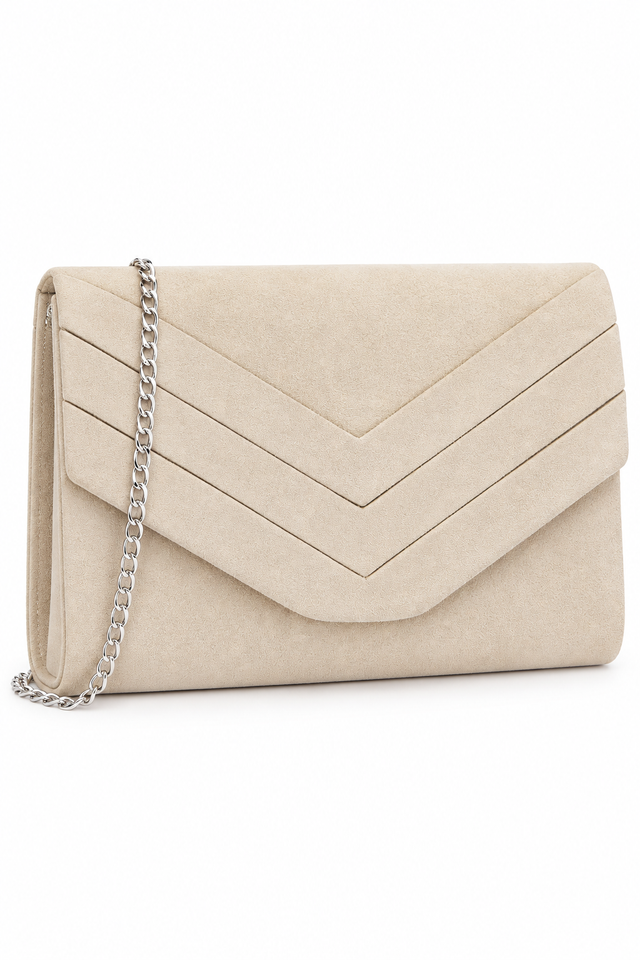 Women’s Soft Suede Clutch Bag – Pleated Envelope Evening Handbag with Silver Chain Strap