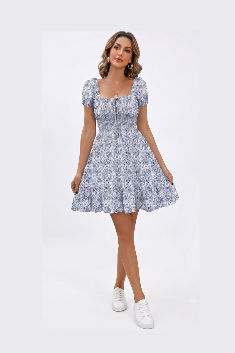 Women's Summer Floral Mini Dress Sweetheart Neck Puff Sleeve High Waist Boho Beach Dress - Dark Blue