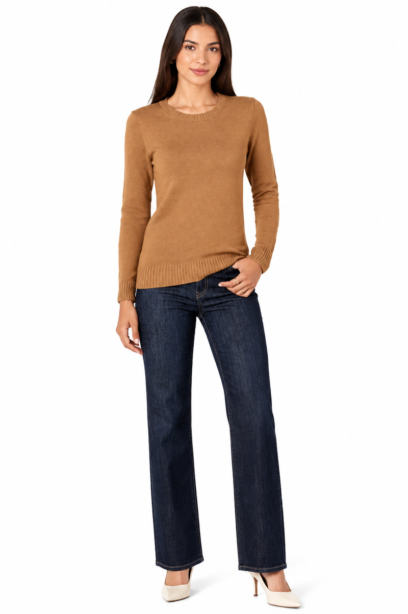 Women's 100% Cotton Crew Neck Jumper Lightweight Long Sleeve Knitted Sweater - Camel Heather