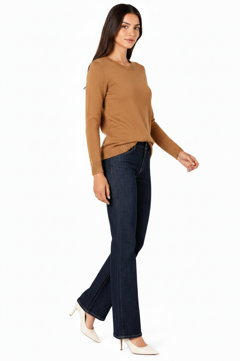 Women's 100% Cotton Crew Neck Jumper Lightweight Long Sleeve Knitted Sweater - Camel Heather