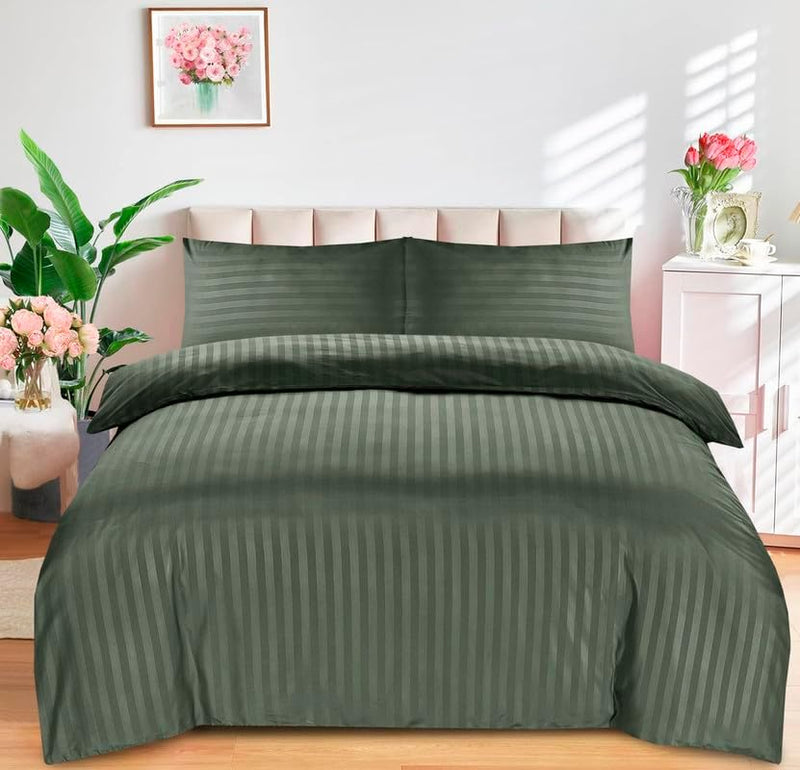 Bedding Set Brushed Microfiber Satin Stripes Easy Care Duvet Cover with Pillowcases - Sage Green