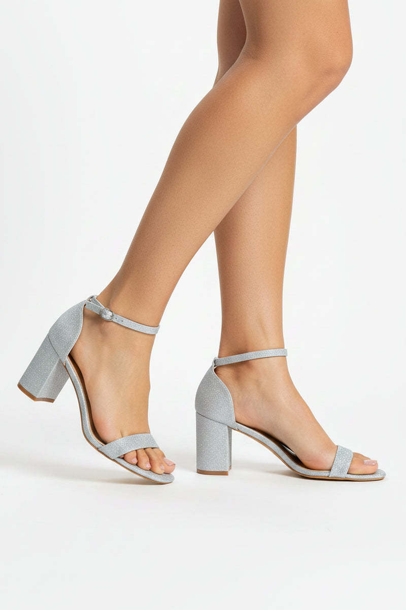 Women's Silver Block Heel Ankle Strap Sandals Peep Toe Buckle — G-1810 Plus