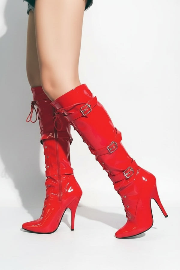 Womens Knee High Full Side Zip Stiletto Heel Red Boots With 3 Buckles G-12055