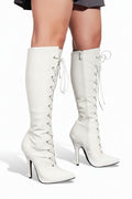 Women's White Knee High Stiletto Heel Lace Up Side Zip Boots Pointed Toe Patent PU G-719