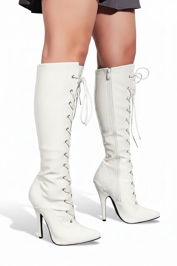 Women's White Knee High Stiletto Heel Lace Up Side Zip Boots Pointed Toe Patent PU G-719