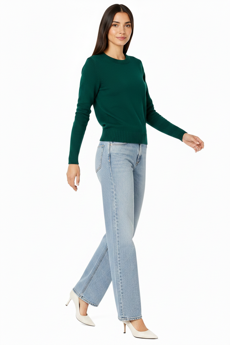 Women's 100% Cotton Crew Neck Jumper Lightweight Long Sleeve Knitted Sweater - Dark Green