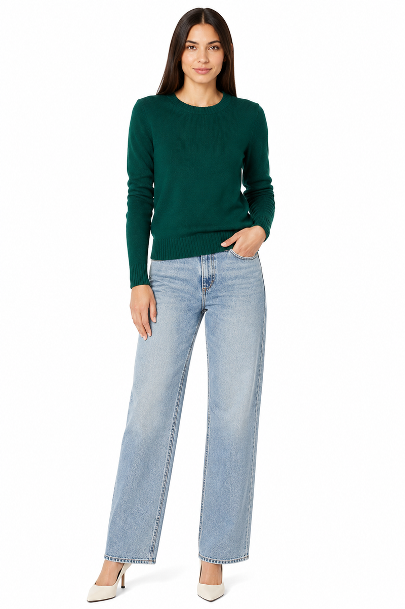 Women's 100% Cotton Crew Neck Jumper Lightweight Long Sleeve Knitted Sweater - Dark Green