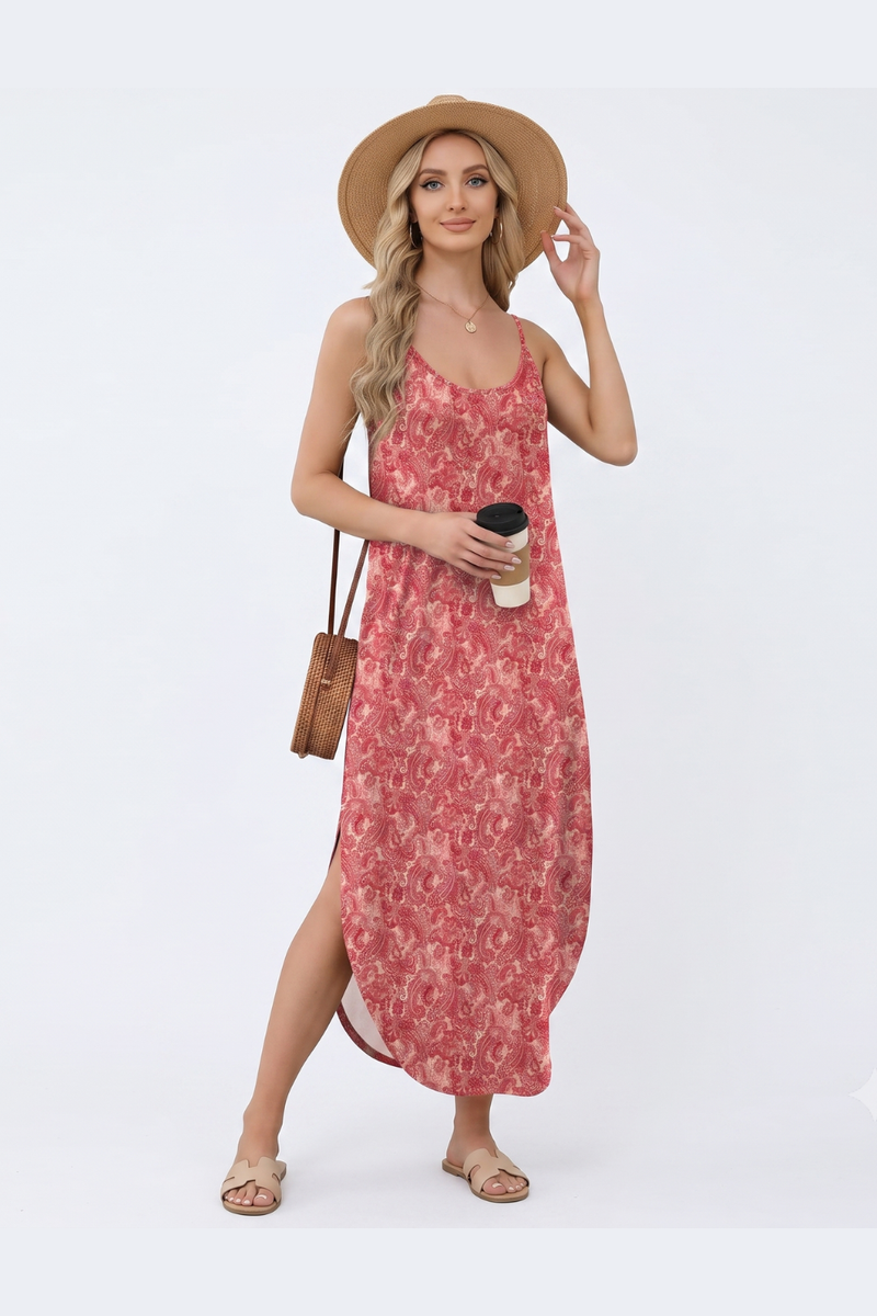 Women's Summer Midi Vest Dress Adjustable Straps Sleeveless Sundress with Pockets Casual Elegant Dress-Pink Floral