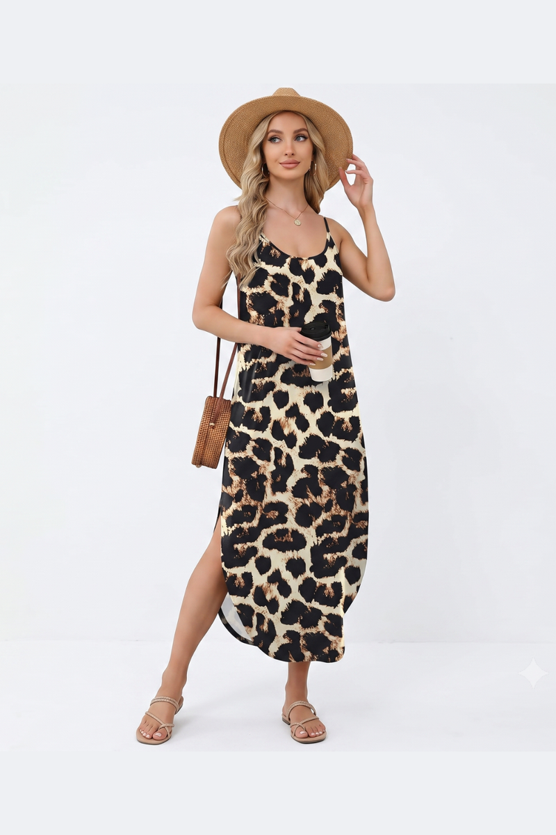 Women's Summer Midi Vest Dress Adjustable Straps Sleeveless Sundress with Pockets Casual Elegant Dress-Leopard Print