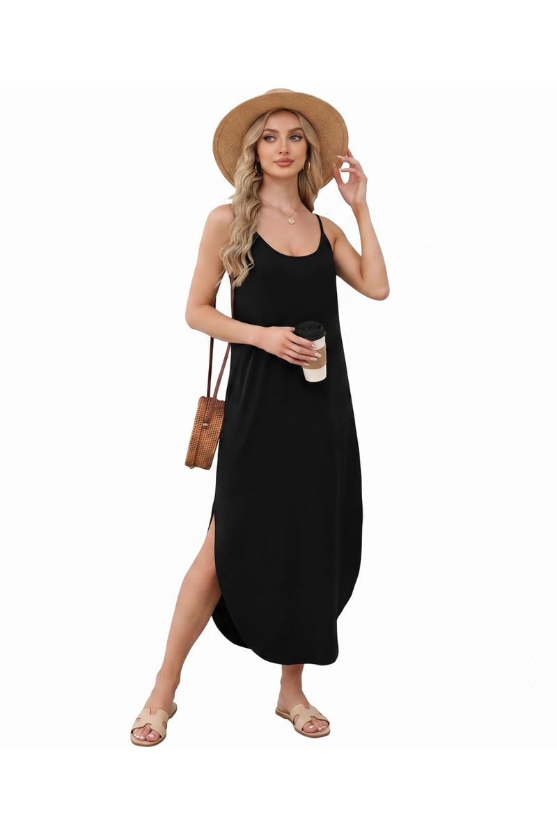 Women's Summer Midi Vest Dress Adjustable Straps Sleeveless Sundress with Pockets Casual Elegant Dress-Black