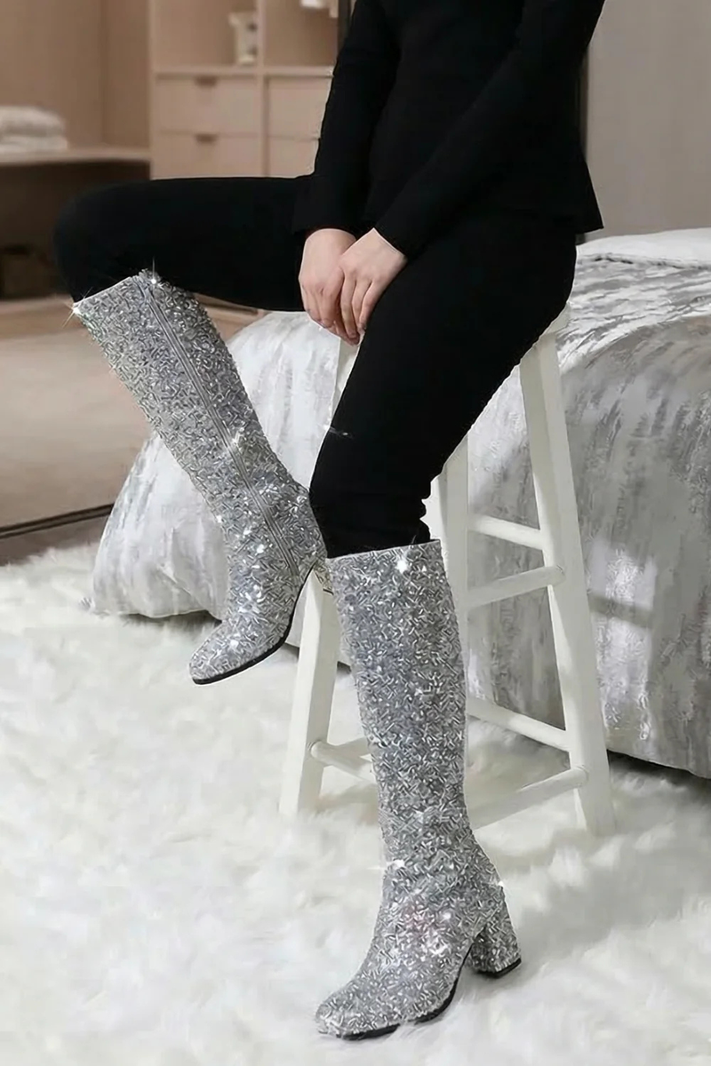 GOGO Boots 1960s & 1970s Retro Glitter Fancy Party Boots Silver GoGo boots-Glitter
