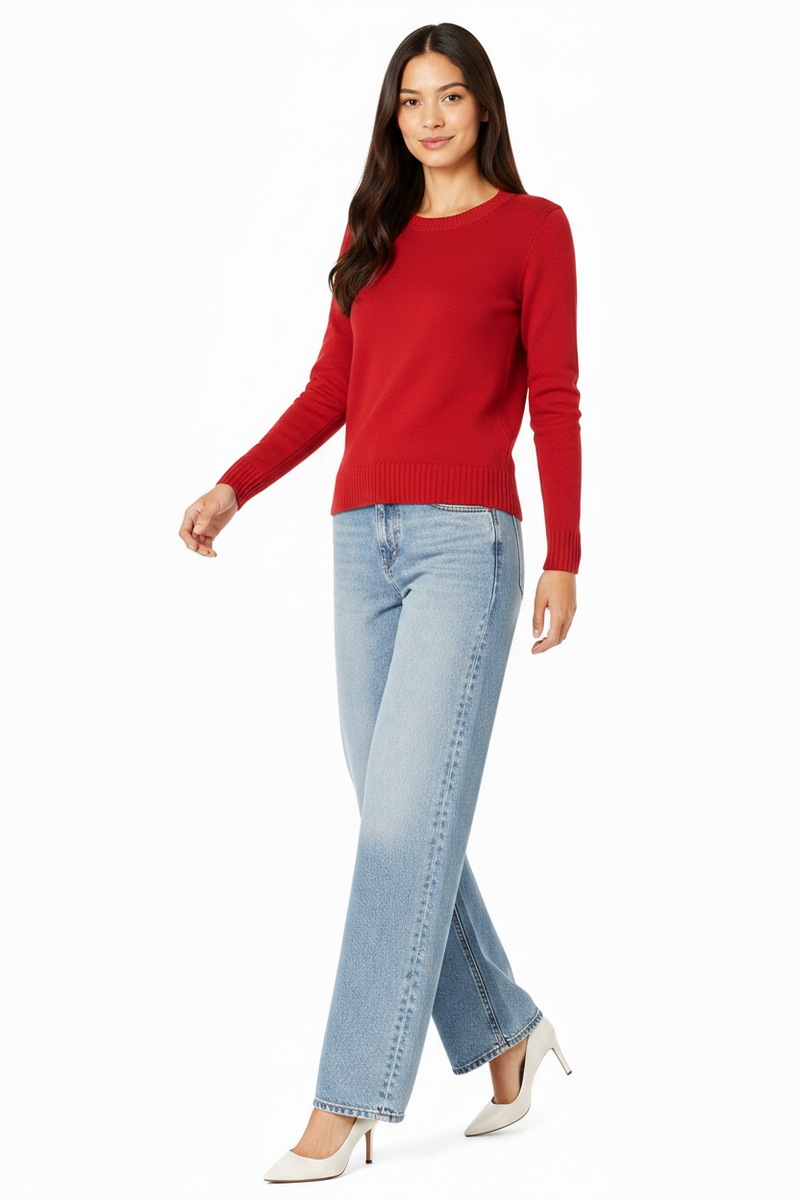 Women's 100% Cotton Crew Neck Jumper Lightweight Long Sleeve Knitted Sweater - Dark Red