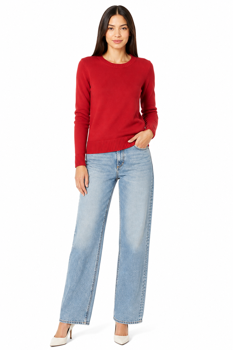 Women's 100% Cotton Crew Neck Jumper Lightweight Long Sleeve Knitted Sweater - Dark Red