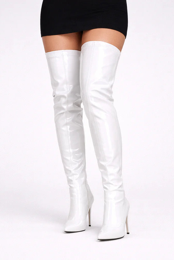 Women's White Thigh High Over The Knee Stiletto Boots Zip BS-12051